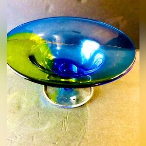 Orrefors Sweden Blue & Yellow Pedestal Trumpet Candy